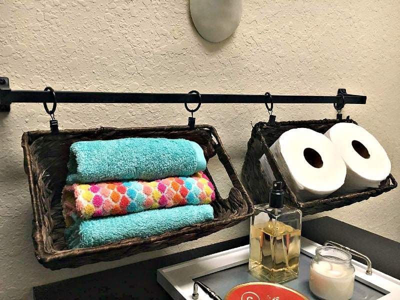 DIY Towel Bar & Wicker Basket Bathroom Organizer