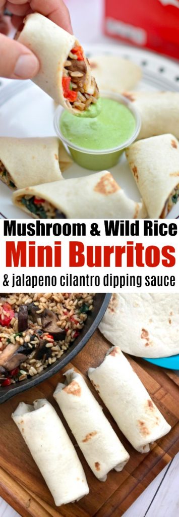 Mushroom & wild rice mini burritos & jalapeño cilantro dipping sauce