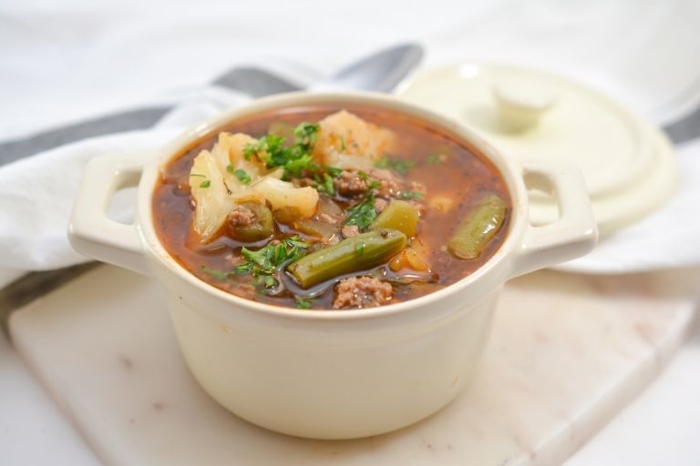 Keto Beef Vegetable Soup in a white bowl