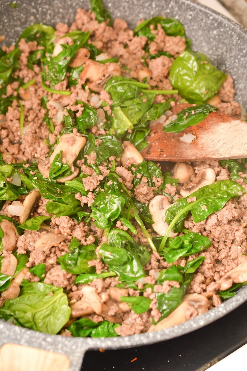 Cheesy Keto Ground Beef Casserole With Spinach and Mushrooms