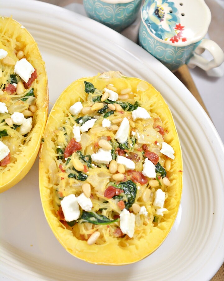 Creamy Low-Carb Garlic Spinach Feta Spaghetti Squash Boats