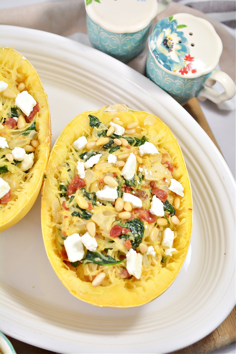 Creamy LowCarb Garlic Spinach Feta Spaghetti Squash Boats