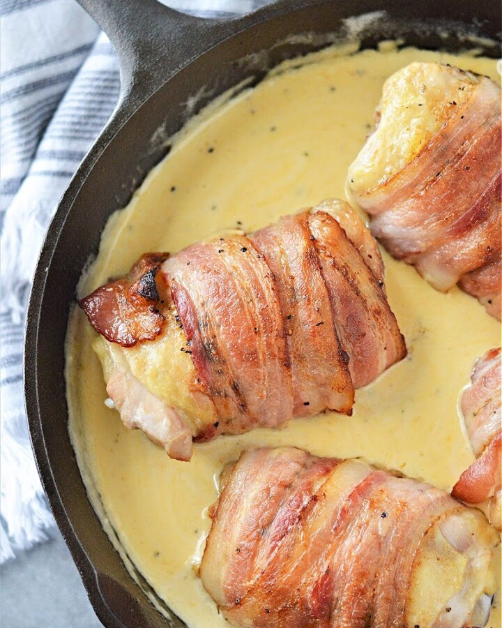 Keto Bacon-Wrapped Chicken In Cheese Sauce