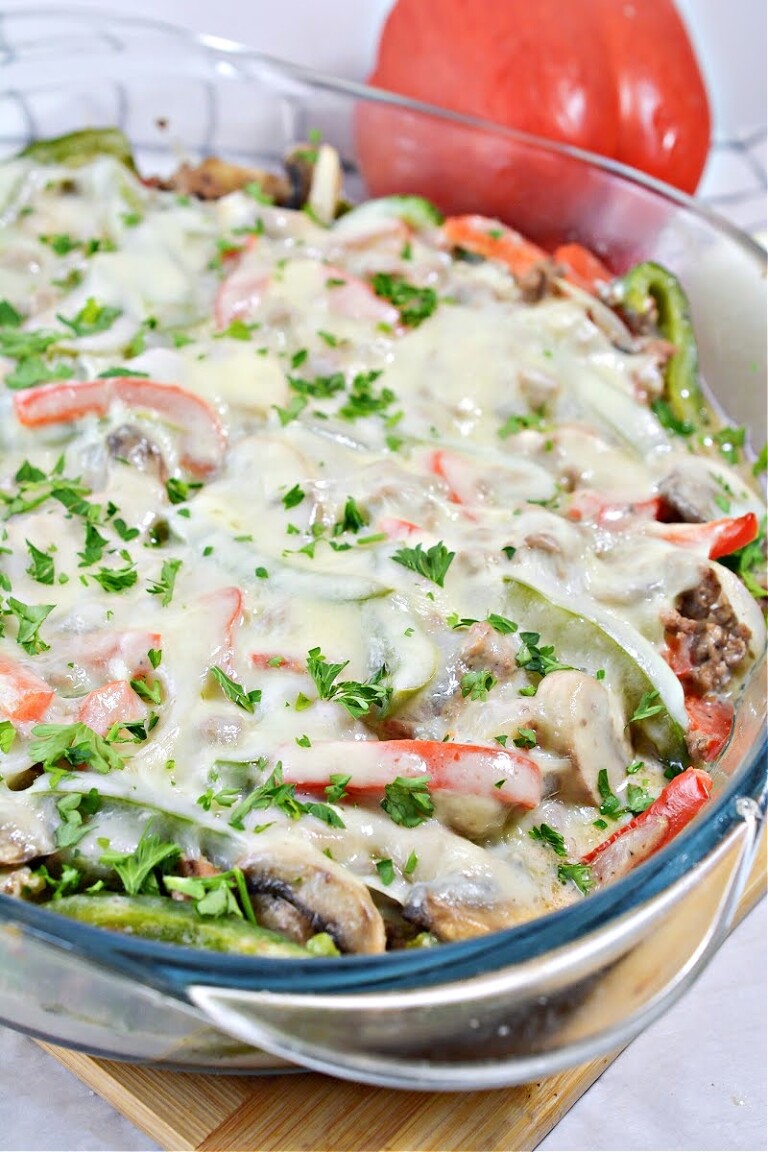 Keto Philly Cheesesteak Casserole Easy Ground Beef Recipe