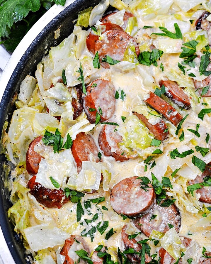Keto TikTok Cajun Sausage and Cabbage Alfredo