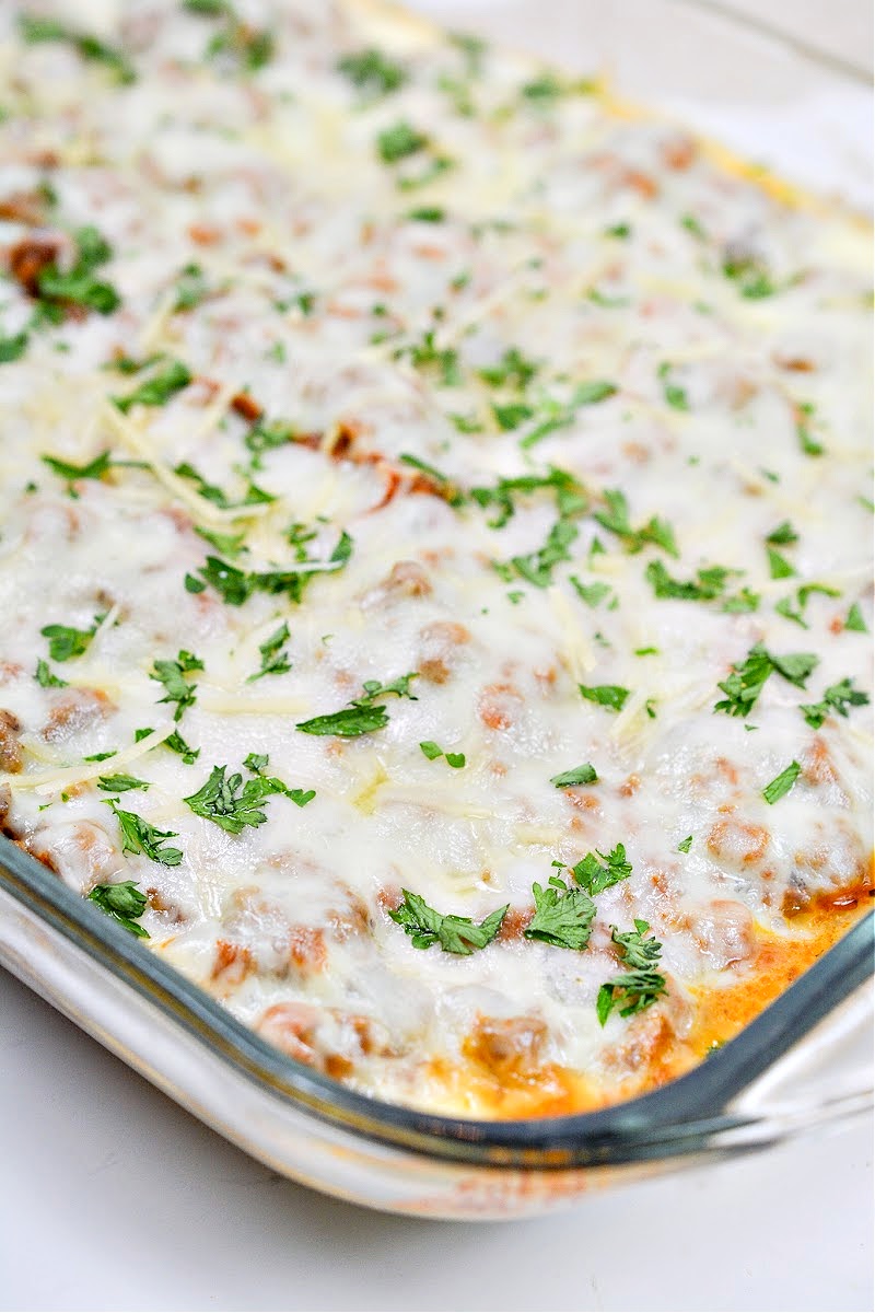 A baked casserole dish of Keto Protein Lasagna
