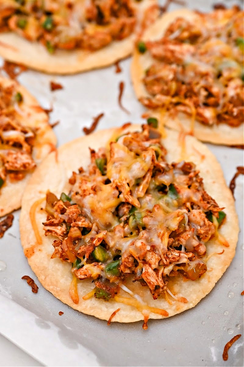 Keto tostadas with just chicken and melted cheese on it