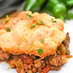 A slice of Keto Cornbread Chili Skillet