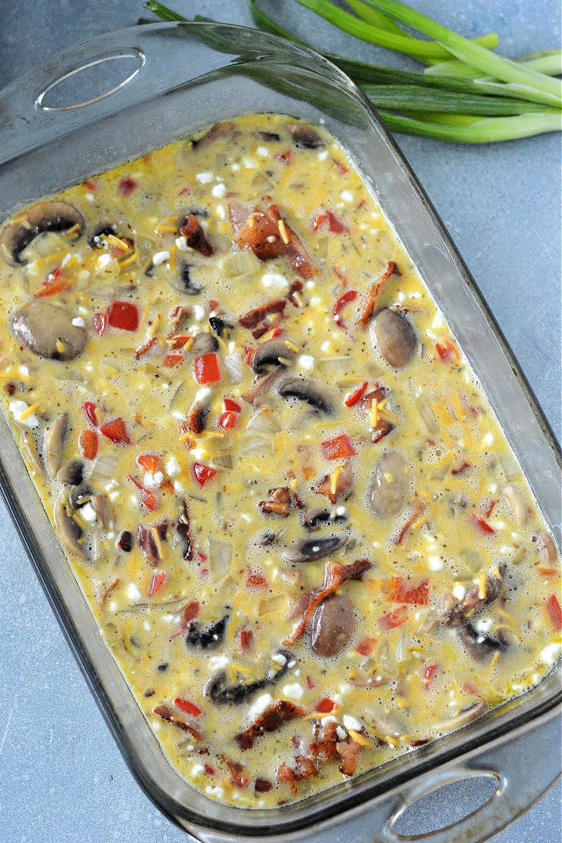 The unbaked casserole in the casserole dish