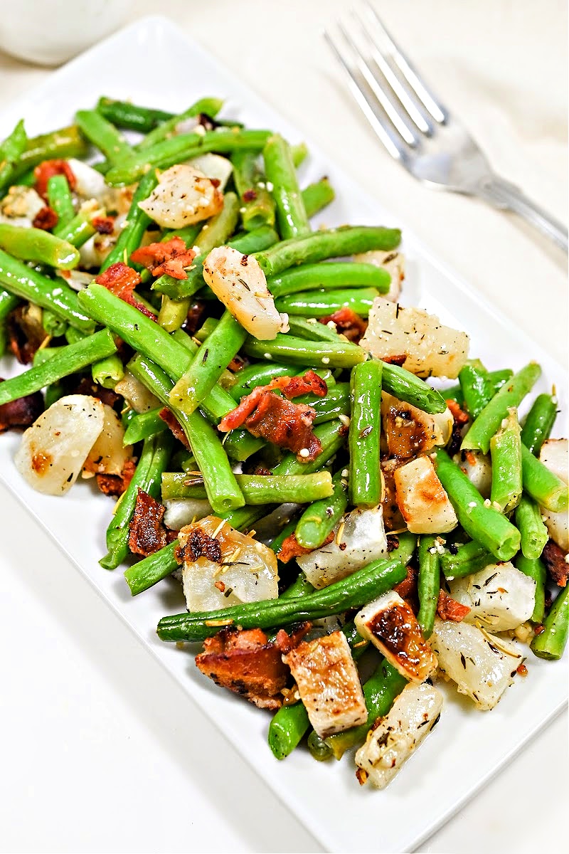 Keto Roasted Garlic Turnips and Green Beans With Bacon