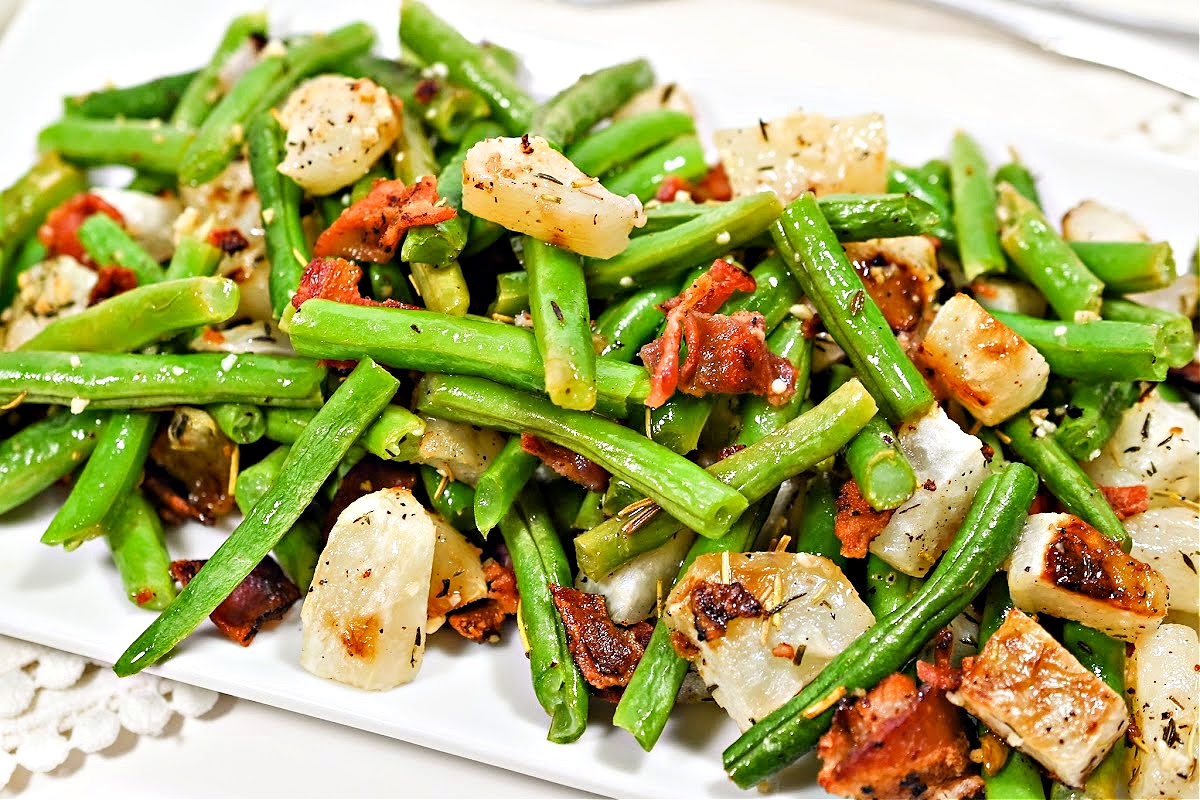 Keto Roasted Garlic Turnips and Green Beans With Bacon