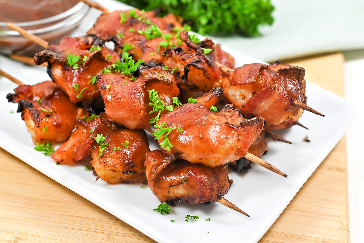 Keto Bacon Wrapped Shrimp Skewers