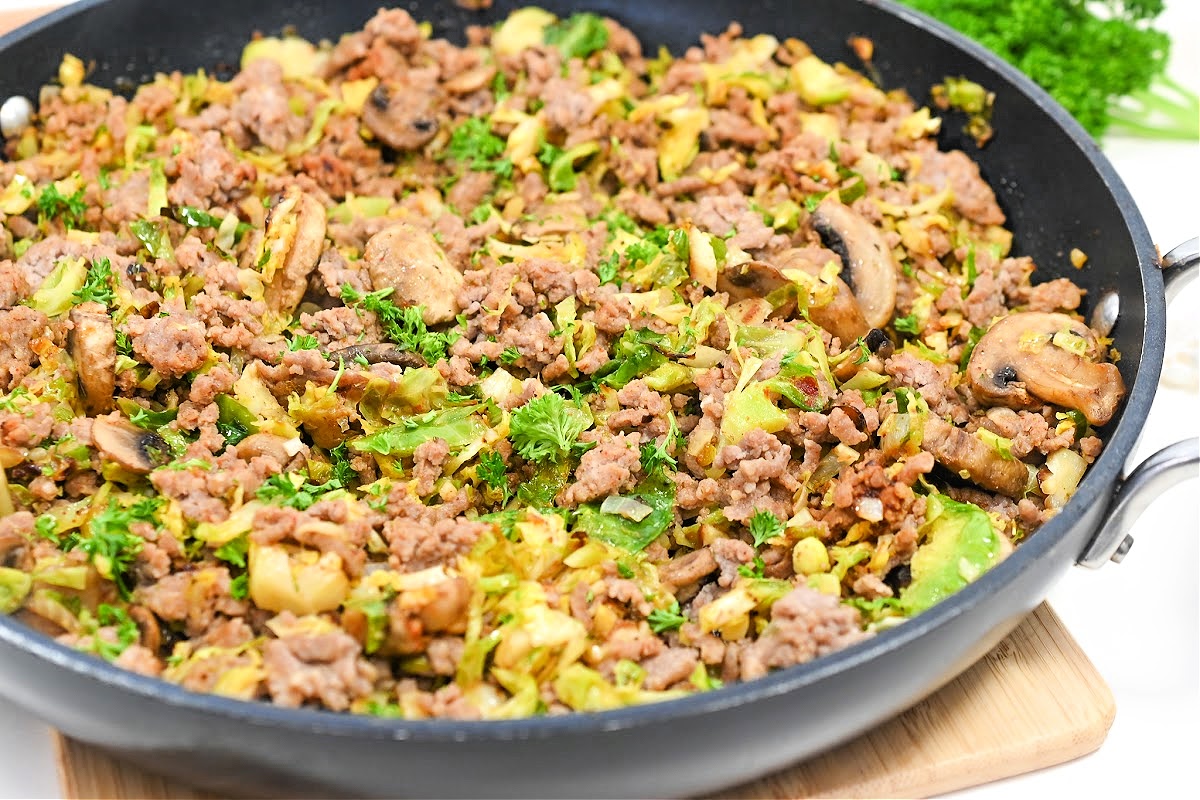 Keto Ground Pork and Shredded Brussels Sprouts Skillet