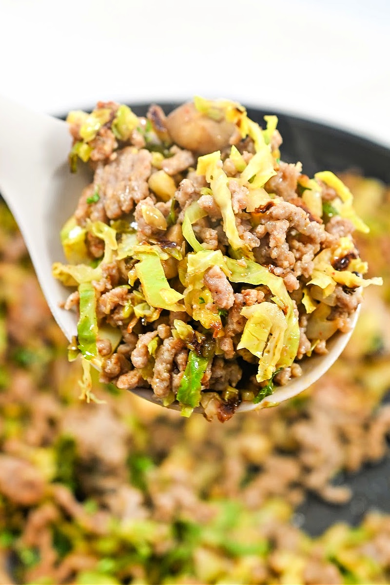 Keto Ground Pork and Shredded Brussels Sprouts Skillet
