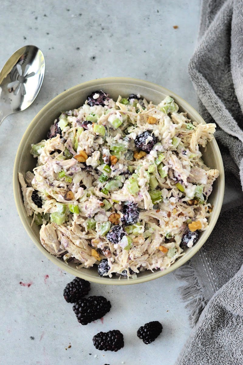 A bowl of Low Carb Blackberry Cottage Cheese Chicken Salad