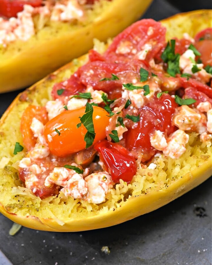 Low Carb Feta and Tomato Stuffed Spaghetti Squash