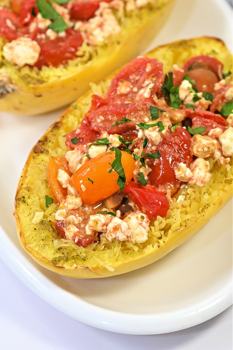 Low Carb Feta and Tomato Stuffed Spaghetti Squash