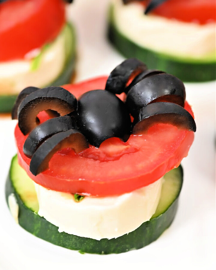 Keto Halloween Spider Caprese Cucumber Bites