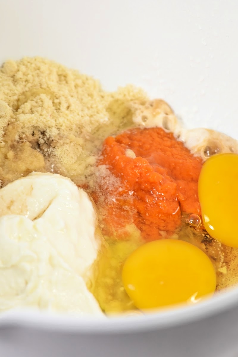 Keto Cottage Cheese Pumpkin Pancakes ingredients in a mixing bowl