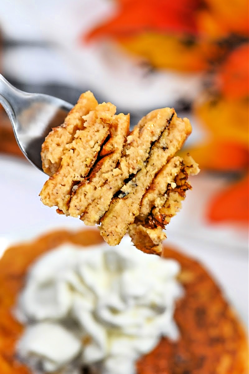 A fork full of Keto Cottage Cheese Pumpkin Pancakes