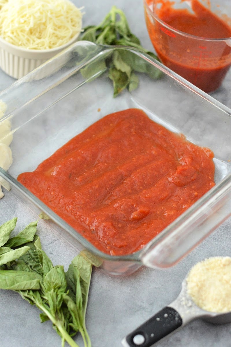 Marinara Sauce in a casserole dish