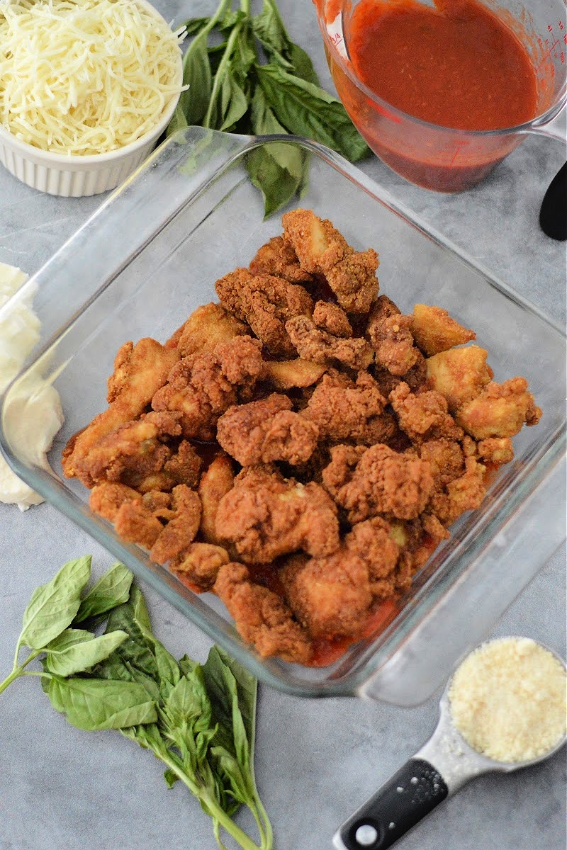 Chicken nuggets in a casserole dish