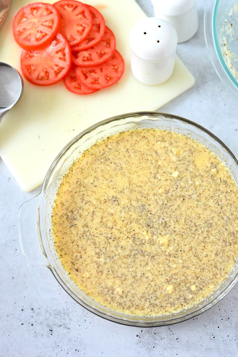Unbaked egg mixture in the pie pan