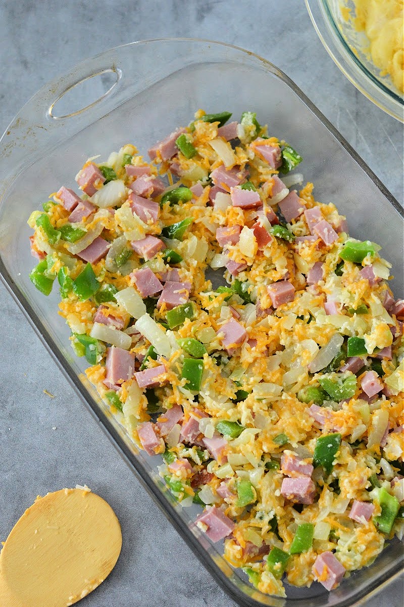 Ham and veggies in the casserole dish
