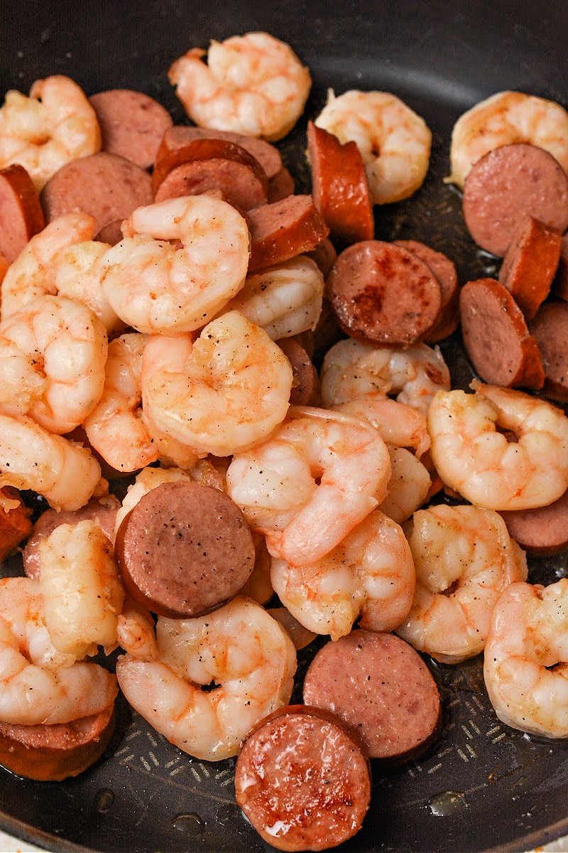 Cooking shrimp and sausage