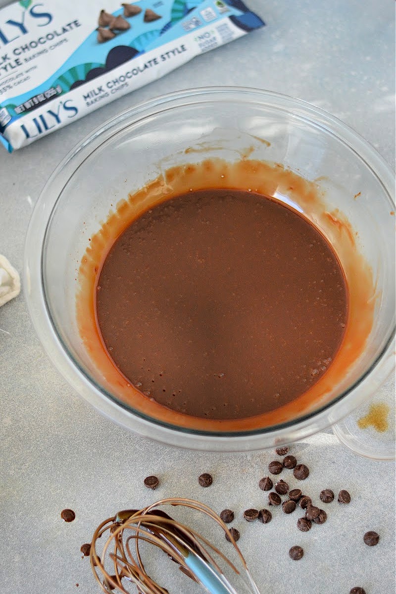 Melted keto chocolate chips in a bowl