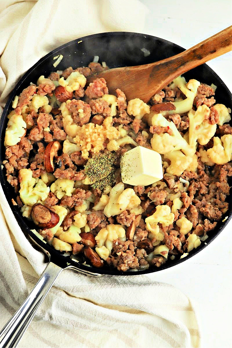 Keto Garlic Butter Sausage and Mushrooms Skillet