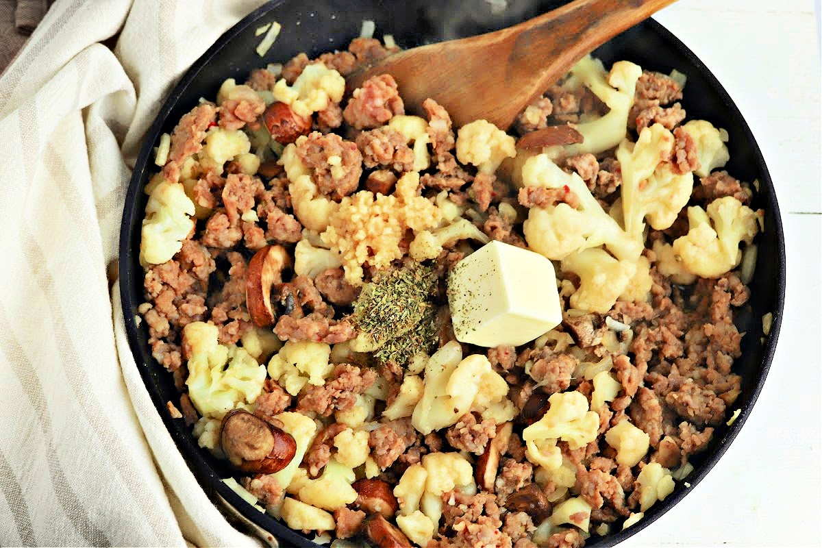 Keto Garlic Butter Sausage and Mushrooms Skillet
