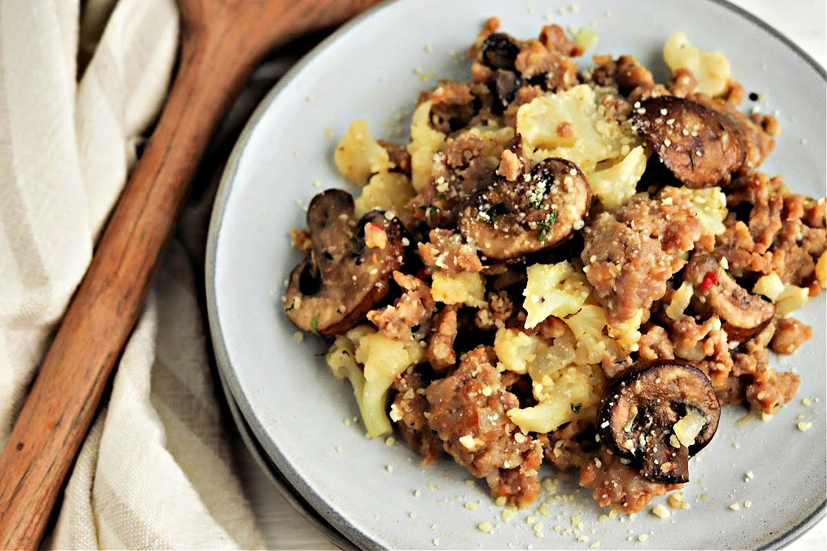 Keto Garlic Butter Sausage and Mushrooms Skillet