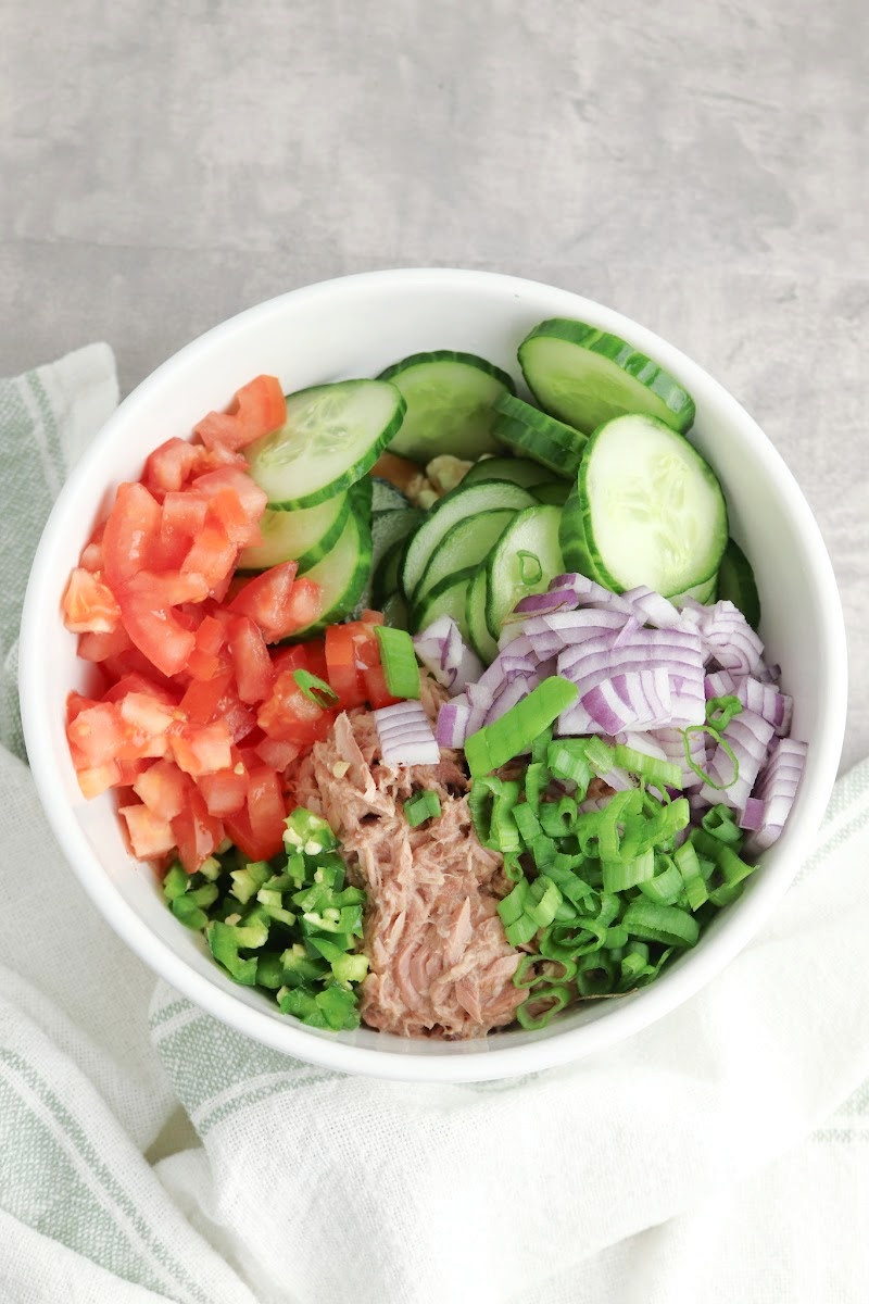 Keto Mexican Tuna Cucumber Salad Ingredients in a Bowl