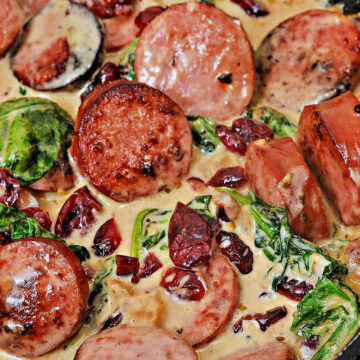 Low Carb Cheesy White Cheddar Kielbasa Skillet