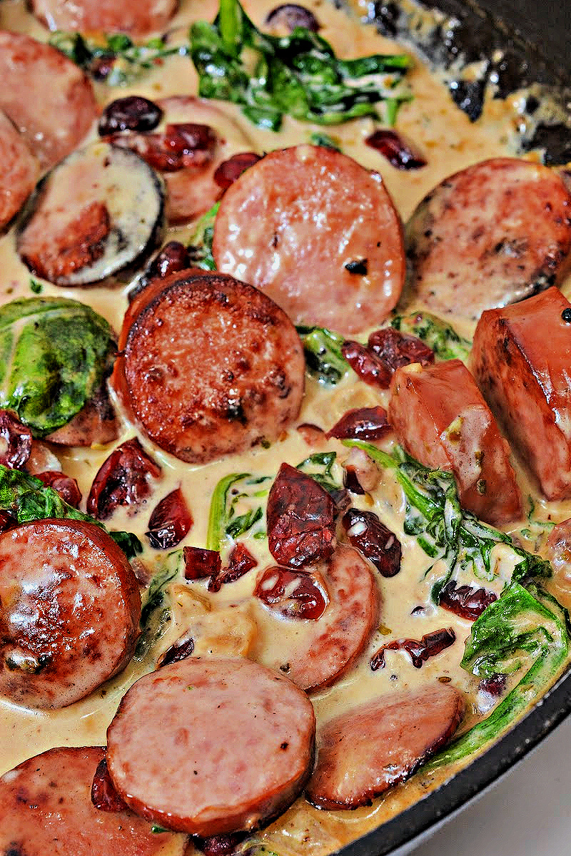 Low Carb Cheesy White Cheddar Kielbasa Skillet